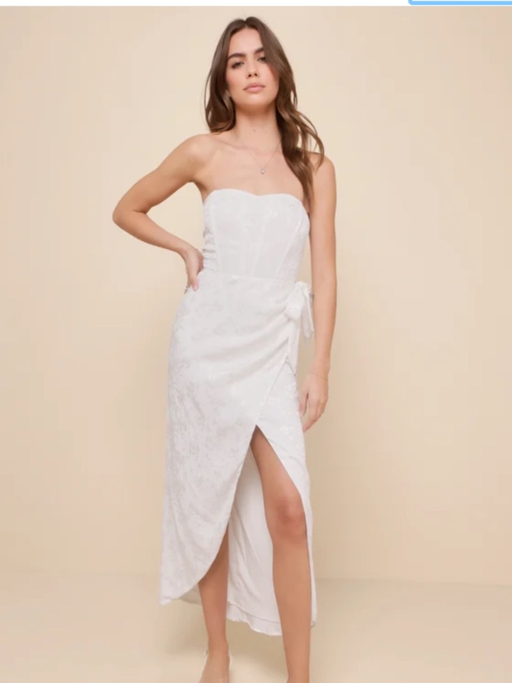 Lulu's Strapless White Lace Midi Dress with Side Tie & Front Slit Medium